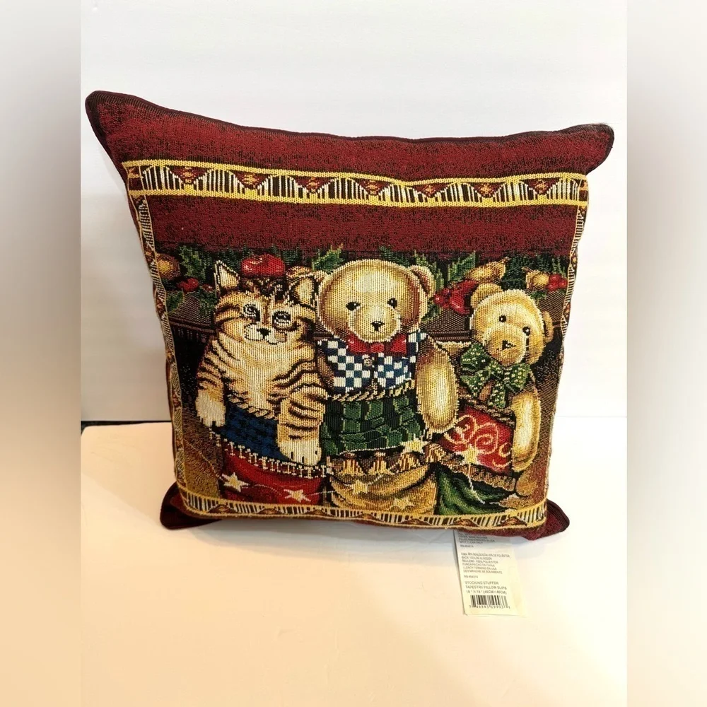 18” x 18” Red Teddy Bear, Kitten Christmas Throw Pillow